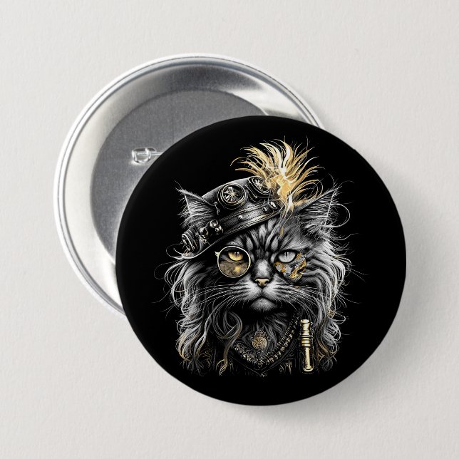Badge Rond 7,6 Cm Magnifique chat steampunk  (Devant & derrière)