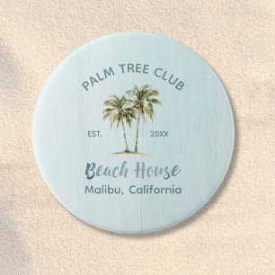 Badge Rond 7,6 Cm Maison de plage moderne avec palmiers en bois bleu