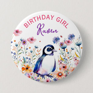 Badge Rond 7,6 Cm Manchot dans Fleurs Anniversaire Fille Personnalis