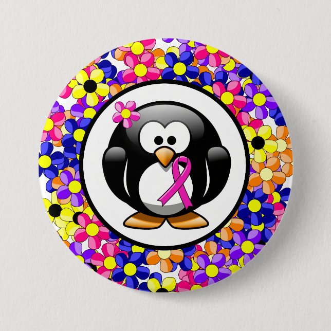 Badge Rond 7,6 Cm Manchot Ruban de Sensibilisation Rose Chaud (Devant)