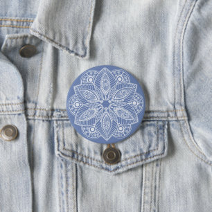Badge Rond 7,6 Cm Mandala blanc exotique sur fond bleu