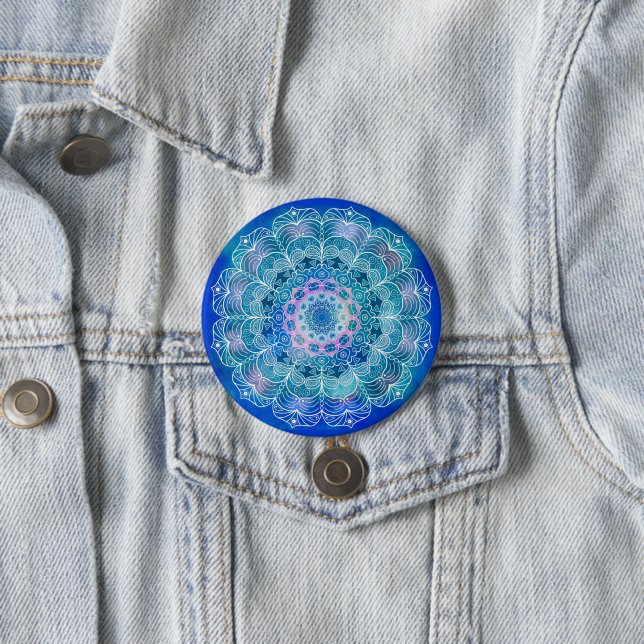 Badge Rond 7,6 Cm Mandala White Outline bleu Aquarelle - (En situation)