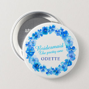 Badge Rond 7,6 Cm Mariage bridesmaid pansy bleu fleur nom personnali