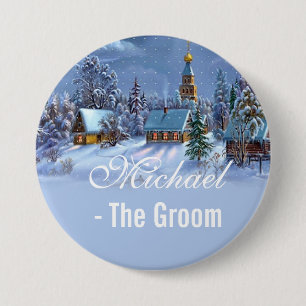 Badge Rond 7,6 Cm Marié, arbre de Noël vintage nuit enneigée