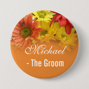 Badge Rond 7,6 Cm Mariée marguerite rouge, jaune et orange, mariage