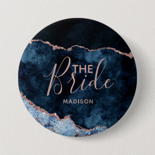 Badge Rond 7,6 Cm Marine Bleu et Rose or huile Agate Marbre la marié