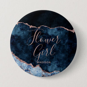 Badge Rond 7,6 Cm Marine Blue Rose Gold Foil Agate Marbre Flower Gir