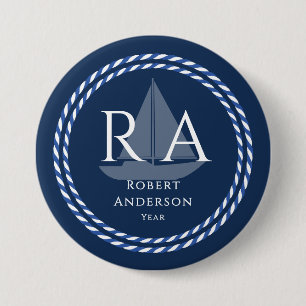 Badge Rond 7,6 Cm Marine Monogramme de corde marine
