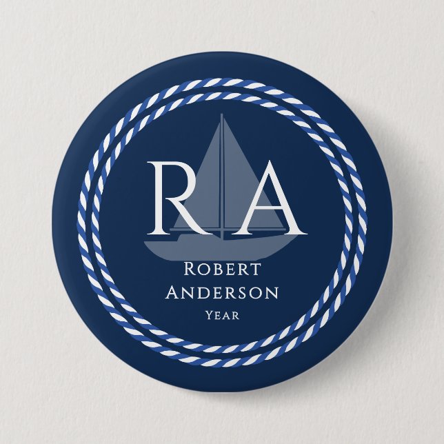 Badge Rond 7,6 Cm Marine Monogramme de corde marine (Devant)