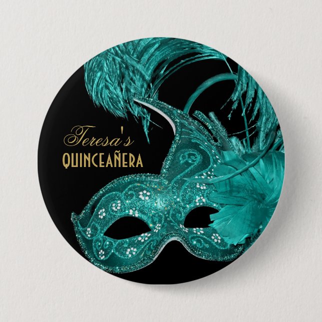 Badge Rond 7,6 Cm Mascarade quinceañera anniversaire masque turquois (Devant)