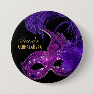 Badge Rond 7,6 Cm Masquerade quinceañera anniversaire rose, masque v