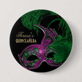 Badge Rond 7,6 Cm Masquerade quinceañera anniversaire vert, masque r