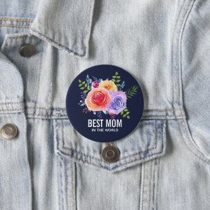 Badge Rond 7,6 Cm Meilleure maman dans le monde Roses d'aquarelle