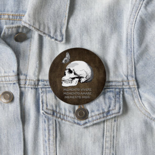 BADGE ROND 7,6 CM MEMENTO VIVERE • MEMENTO AMARE • MEMENTO MORI