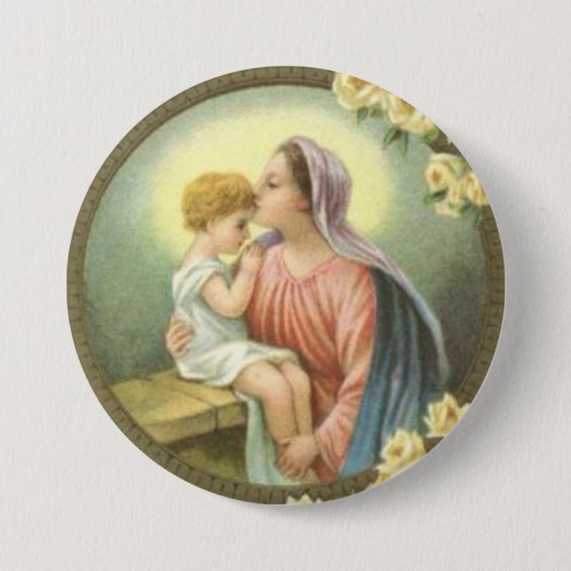 Badge Rond 7,6 Cm Mère Mary de Vierge embrassant les roses de Jésus (Devant)