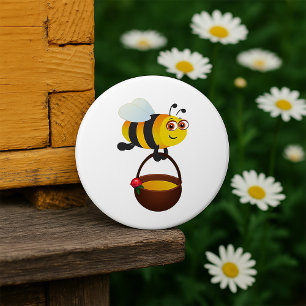 Badge Rond 7,6 Cm Mignonne Bee transportant un pot de miel avec fleu