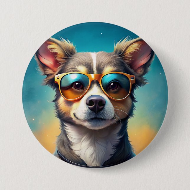 Badge Rond 7,6 Cm Mignonne chien portant lunettes de soleil - Bouton (Devant)