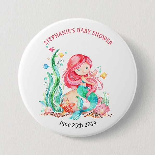Badge Rond 7,6 Cm Mignonne sirène d'aquarelle sous le Baby shower ma (Devant)