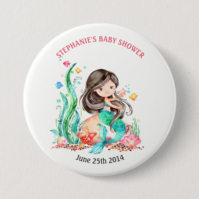 Badge Rond 7,6 Cm Mignonne sirène d'aquarelle sous le Baby shower ma (Devant)