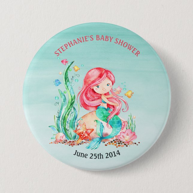 Badge Rond 7,6 Cm Mignonne sirène d'aquarelle sous le Baby shower ma (Devant)