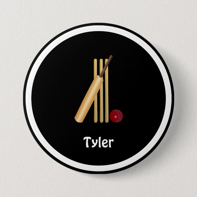 Badge Rond 7,6 Cm Modèle de cricket, wicket, batte et balle, personn (Devant)