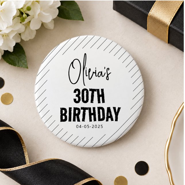 Badge Rond 7,6 Cm Moderne écriture noire pour 30e anniversaire chic  (Modern Black Script 30th Birthday Chic & Minimalis Button)