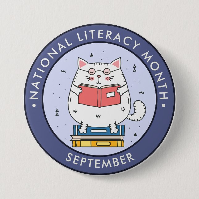 Badge Rond 7,6 Cm Mois national de l'alphabétisation, lecture chat b (Devant)