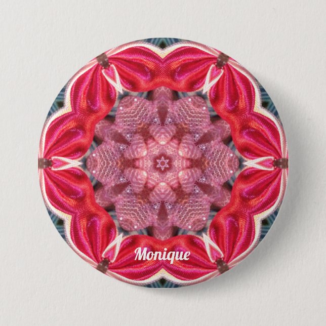 Badge Rond 7,6 Cm MONIQUE ~ Blanc Rose Vert BLÉ ~ (Devant)