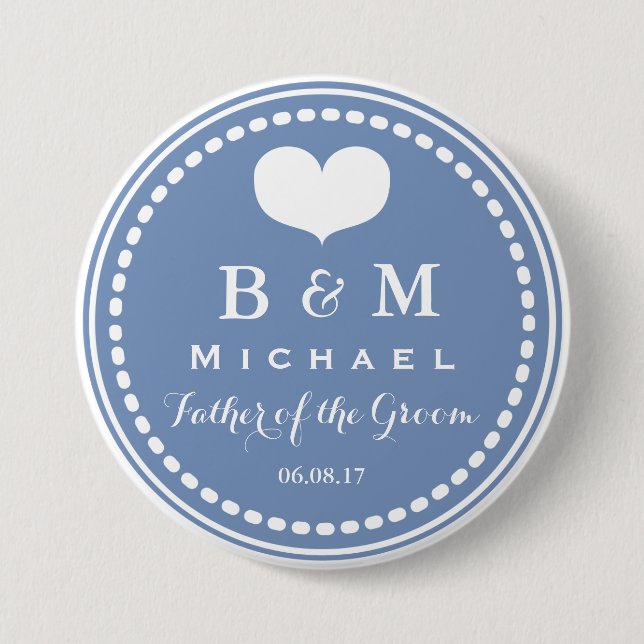 Badge Rond 7,6 Cm Monogramme bleu - Bouton Mariage Père de la chambr (Devant)