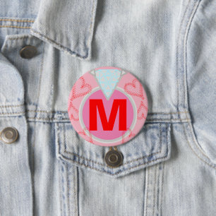 Badge Rond 7,6 Cm Monogramme Bleu Diamant Coeurs rouges