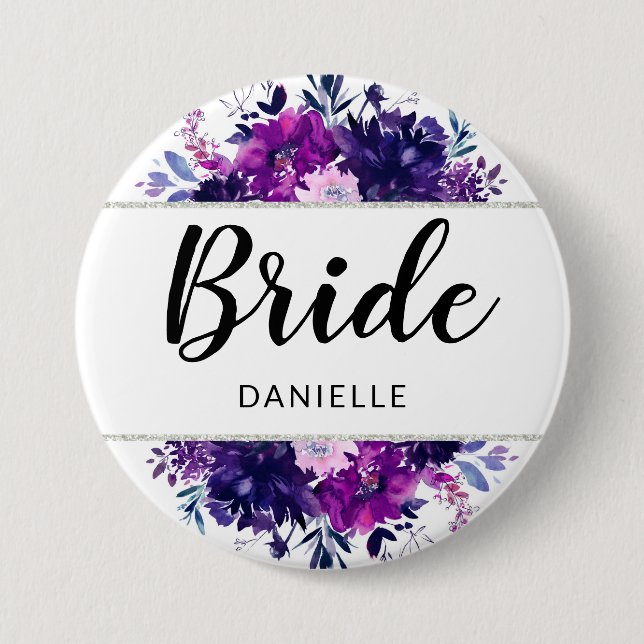 Badge Rond 7,6 Cm Monogramme de mariée en cadre violet floral enchâs (Devant)