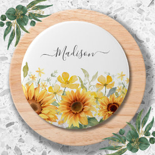 Badge Rond 7,6 Cm Monogramme Fleur Jaune Tournesol Floral Botanique