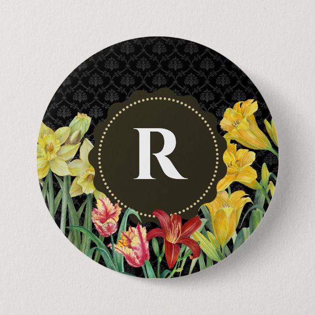 Badge Rond 7,6 Cm Monogramme Fleurs printanières initiales Arrière - (Devant)