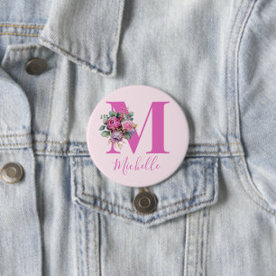 Badge Rond 7,6 Cm Monogramme Initial Nom Fleurs Aquarelle Rose