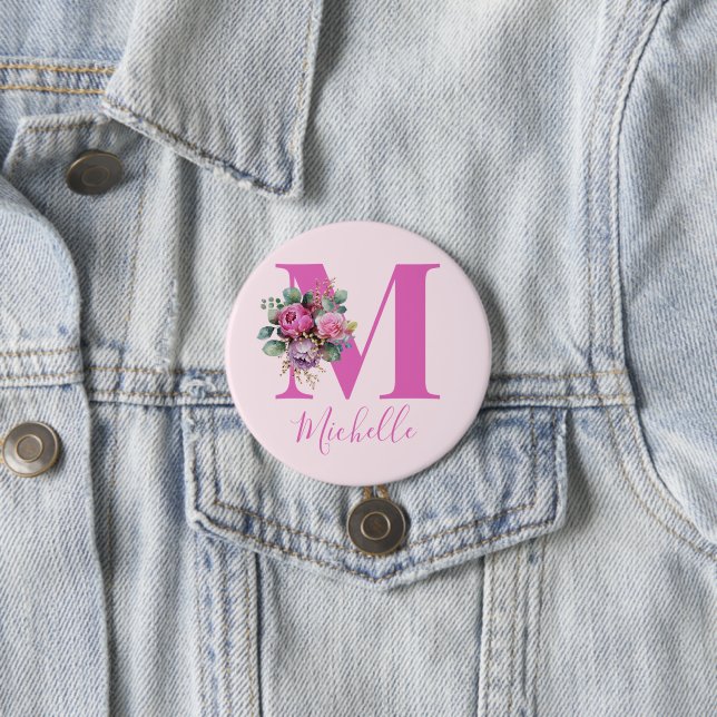 Badge Rond 7,6 Cm Monogramme Initial Nom Fleurs Aquarelle Rose (En situation)