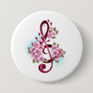 Badge Rond 7,6 Cm Musical treble clef notes with sakura flowers