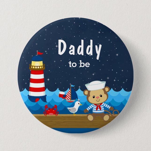 Badge Rond 7,6 Cm Nautique Singe Garçon Rouge et papa de la Marine (Devant)