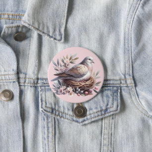 Badge Rond 7,6 Cm Nid de colombe rose avec fleurs et branches d'oliv