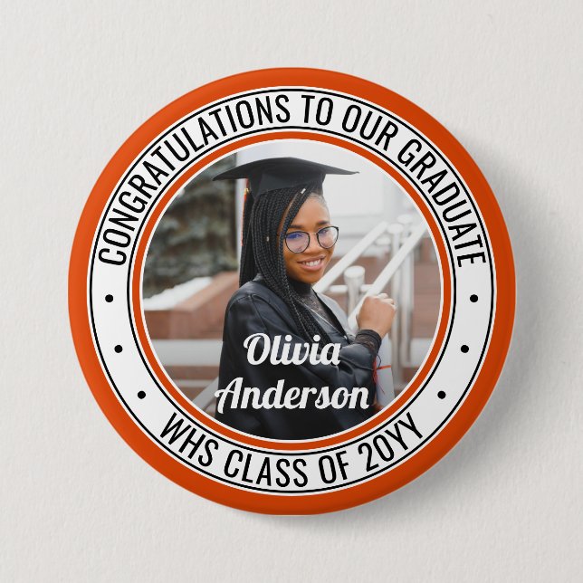 Badge Rond 7,6 Cm N'importe quel texte Graduation Photo Orange noir  (Devant)
