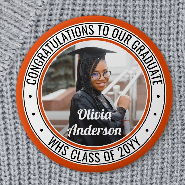 Badge Rond 7,6 Cm N'importe quel texte Graduation Photo Orange noir  (Créateur téléchargé)