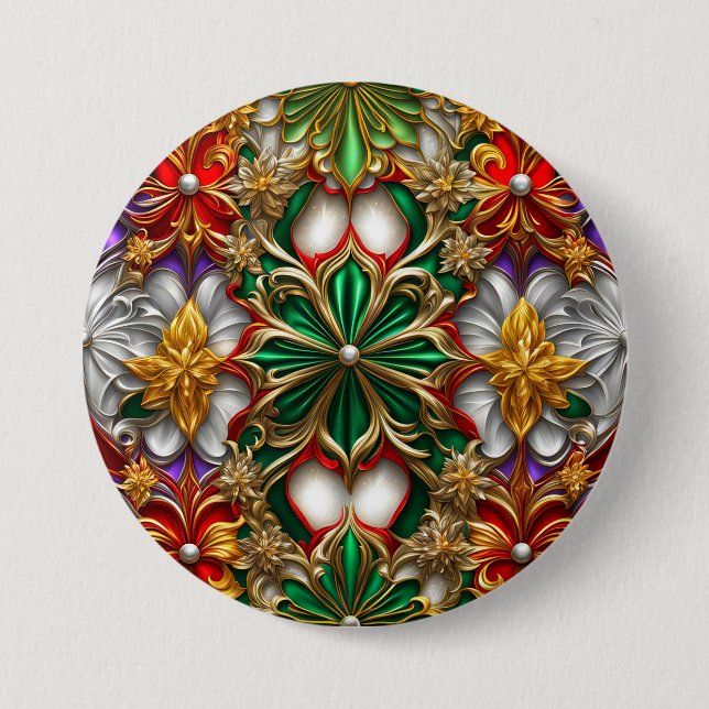 Badge Rond 7,6 Cm NOËL ~ Bouton blanc or vert ~ (Devant)