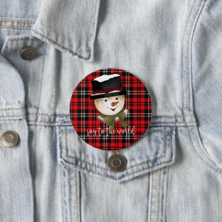 Badge Rond 7,6 Cm Noël Fêtes Rouge et Noir Tartan Snowman