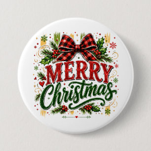 Badge Rond 7,6 Cm Noël ruban carreauté joyeux