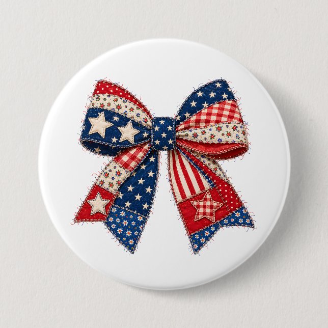 Badge Rond 7,6 Cm Nœud papillon patchwork patriotique avec étoiles,  (Devant)
