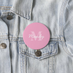 Badge Rond 7,6 Cm Nom cursif mignon et monogramme Rose