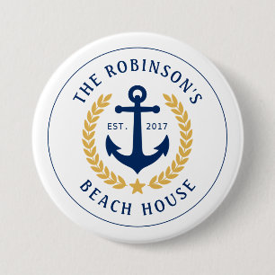 Badge Rond 7,6 Cm Nom de famille Beach House Ancre Gold Laurel Star
