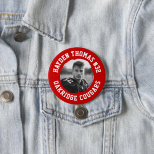 Badge Rond 7,6 Cm Nom de l'athlète rouge et blanc Jersey Numéro de l