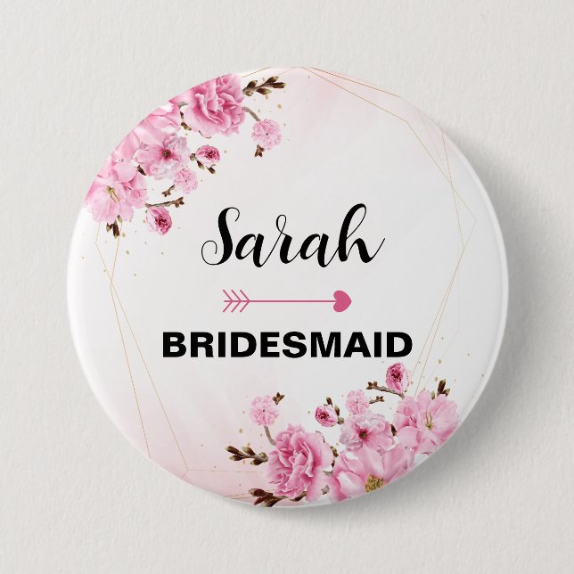Badge Rond 7,6 Cm Nom Personnalisé Bridesmaid Pink Elegant Flower (Devant)