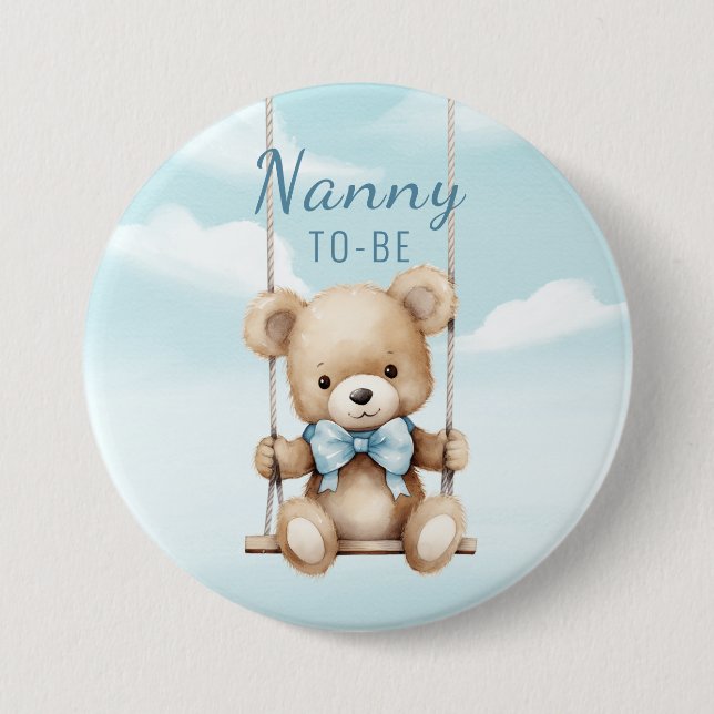Badge Rond 7,6 Cm Nounou à venir Ourson Balançoire (Devant)