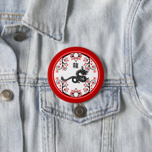 Badge Rond 7,6 Cm Nouvel An chinois du Dragon et des fleurs rouges